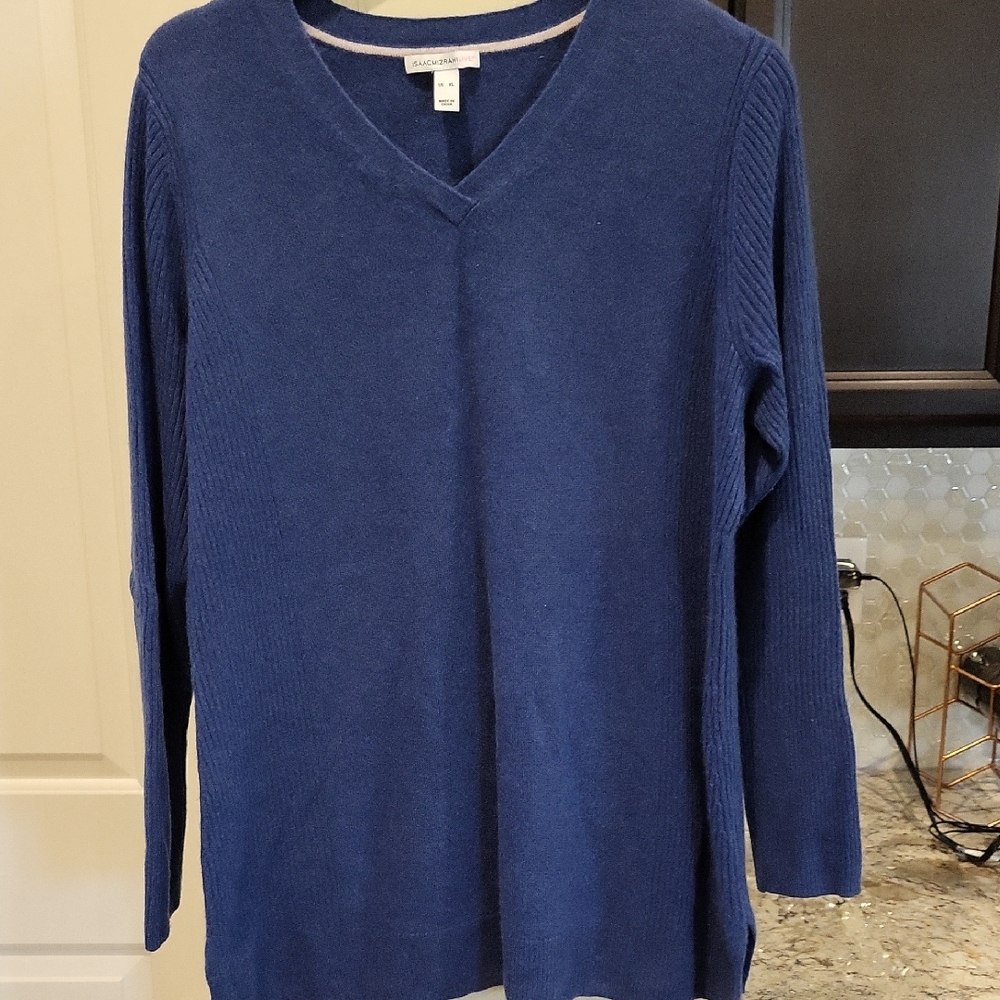 ISAAC MIZRAHI Blue Long Sleeve Ribbed Cashmere Sweater